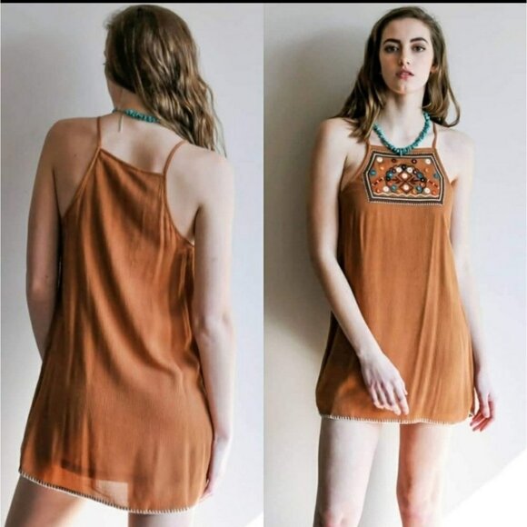 The Hanger embroidered whipstitch mini tunic dress brown multi - Picture 3 of 5